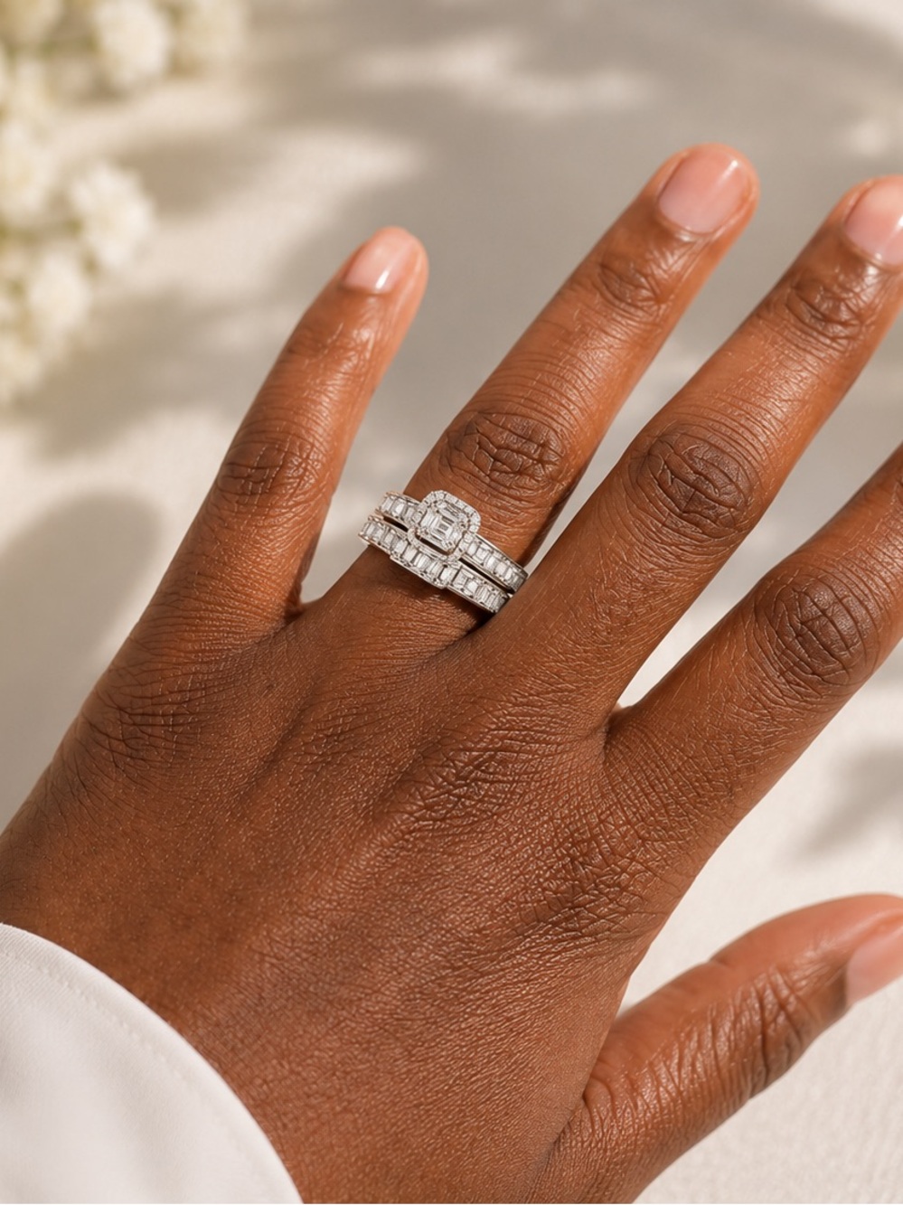 White Gold filled with Moissinite Halo Wedding Ring Set - Size z8. Stamped